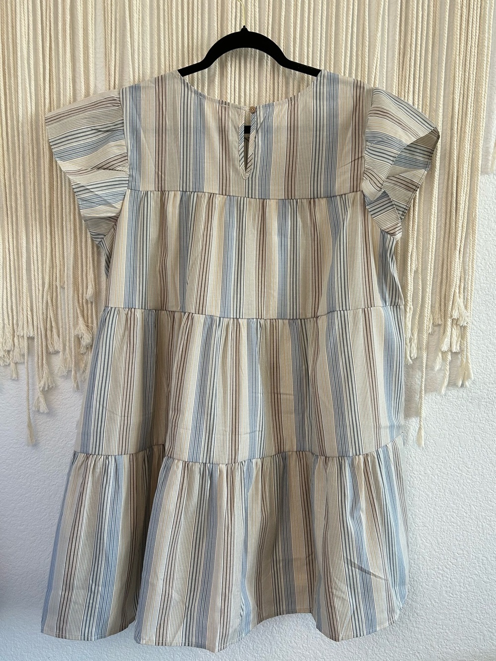 PERCH Striped Tiered Flutter Sleeve Mini Dress Blue & Taupe Flowy Babydoll Dress - Picture 12 of 16
